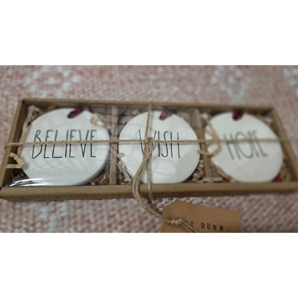 Rae Dunn Christmas Ornament‎ Set of 3 Believe Wish Hope Ceramic Disc